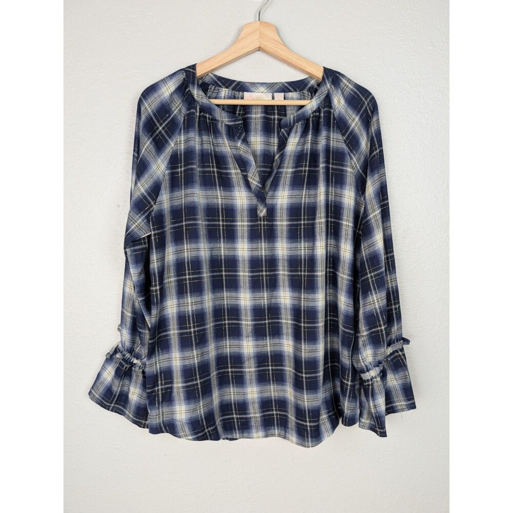 Belle by Kim Gravel Gold Stitch Plaid Tunic Top Small
